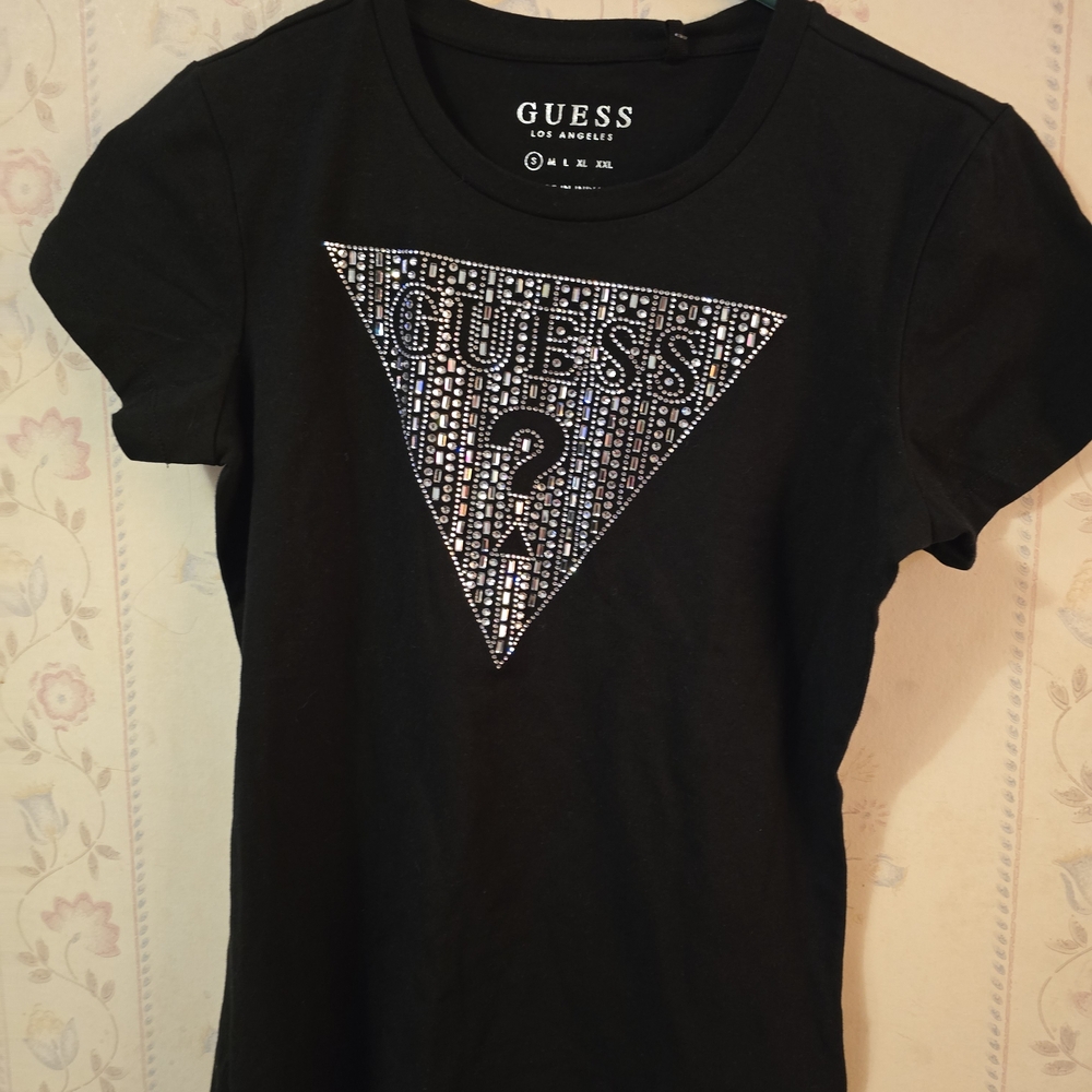 Guess Black Tee with Shimmering Silver Design